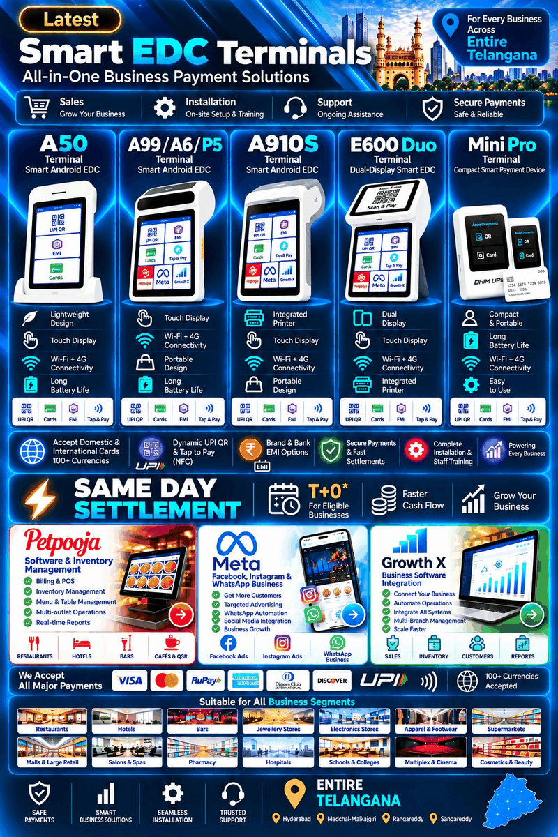Smart EDC terminal models and business payment solutions for Telangana merchants