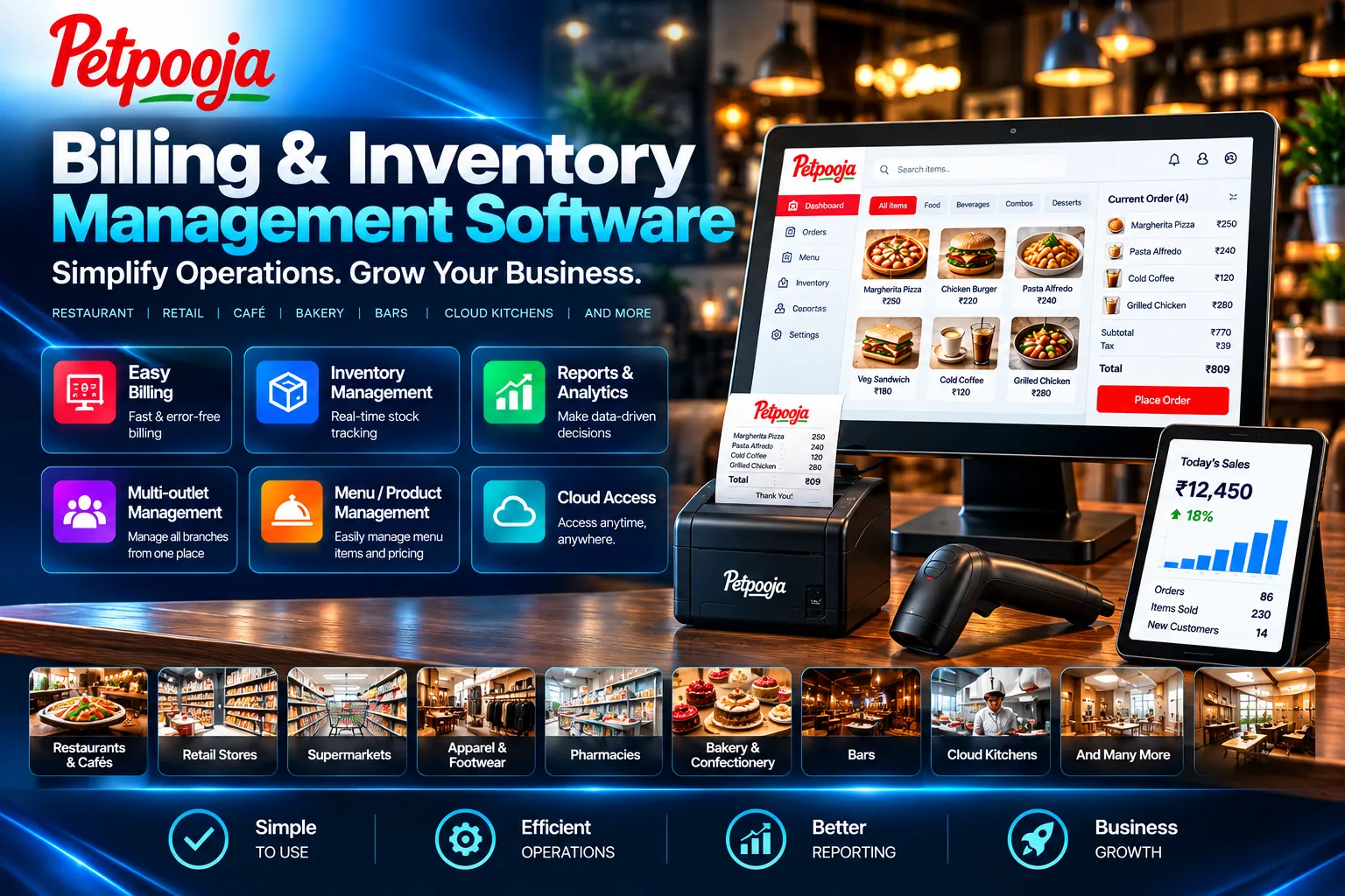 Billing and inventory management software for billing, stock, reports and multi-outlet operations